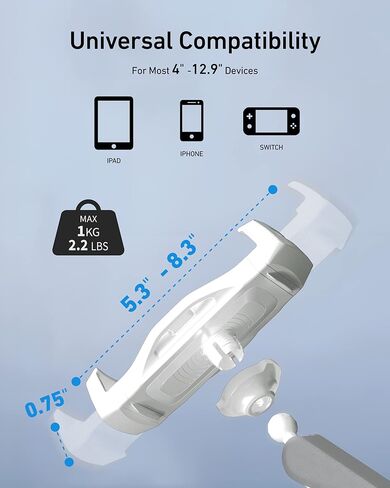 Aluminum Tablet Stand Holder, iPad Clamp Mount with 360° Adjustable Long Arm, iPad Stand for Desk & Bed, Tablet Holder for 4"-13" iPhone, iPad Mini Air Pro, Kindle, Switch - Elegant White in Kuwait