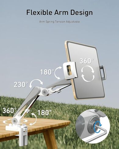 Aluminum Tablet Stand Holder, iPad Clamp Mount with 360° Adjustable Long Arm, iPad Stand for Desk & Bed, Tablet Holder for 4"-13" iPhone, iPad Mini Air Pro, Kindle, Switch - Elegant White in Kuwait
