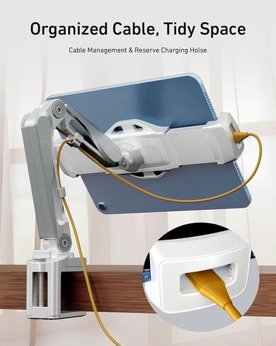 Aluminum Tablet Stand Holder, iPad Clamp Mount with 360° Adjustable Long Arm, iPad Stand for Desk & Bed, Tablet Holder for 4"-13" iPhone, iPad Mini Air Pro, Kindle, Switch - Elegant White in Kuwait