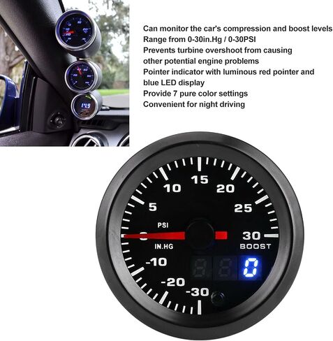 Keenso Turbo Boost Pointer, 2in/52mm 7 Colors LED PSI Gauge, Clear Display, Universal for All 12V Cars, with Boost Sensor, Plastic Material in Kuwait