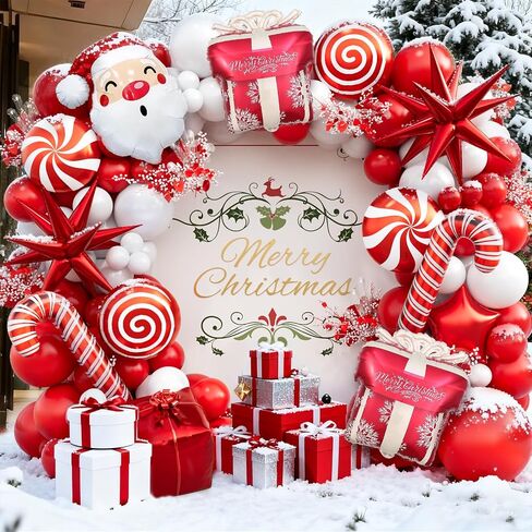 Christmas Balloon Garland Arch kit with Red White Balloons, Candy, Cane, Star, Explosion-Star, Gift Box, santa-claus Foil Balloons for Xmas Party Decorations in Saudi Arabia