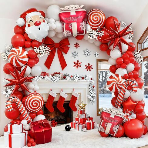 Christmas Balloon Garland Arch kit with Red White Balloons, Candy, Cane, Star, Explosion-Star, Gift Box, santa-claus Foil Balloons for Xmas Party Decorations in Saudi Arabia