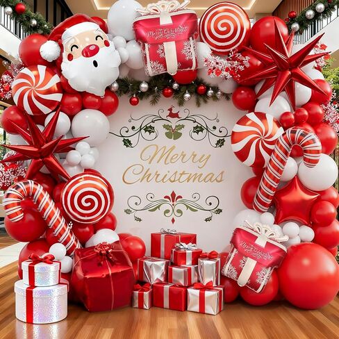 Christmas Balloon Garland Arch kit with Red White Balloons, Candy, Cane, Star, Explosion-Star, Gift Box, santa-claus Foil Balloons for Xmas Party Decorations in Saudi Arabia