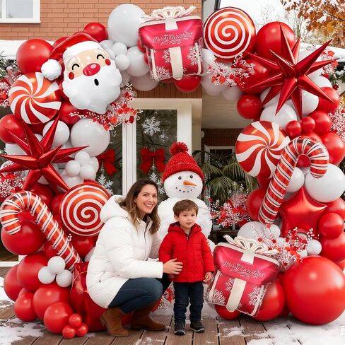 Christmas Balloon Garland Arch kit with Red White Balloons, Candy, Cane, Star, Explosion-Star, Gift Box, santa-claus Foil Balloons for Xmas Party Decorations in Saudi Arabia