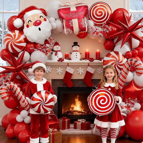 Christmas Balloon Garland Arch kit with Red White Balloons, Candy, Cane, Star, Explosion-Star, Gift Box, santa-claus Foil Balloons for Xmas Party Decorations in Saudi Arabia