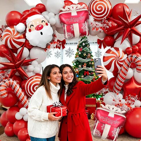 Christmas Balloon Garland Arch kit with Red White Balloons, Candy, Cane, Star, Explosion-Star, Gift Box, santa-claus Foil Balloons for Xmas Party Decorations in Saudi Arabia