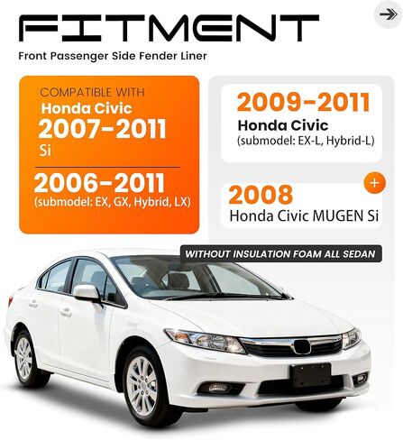 الجبهة اليمنى الحاجز بطانة الجانب الركاب متوافق مع 2006-2011 هوندا سيفيك استبدال لHO1249134 74101SNAA00 عجلة بطانة سبلاش الحرس اللوحة الداخلية دون رغوة in Kuwait