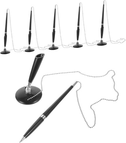 6pcs Black Ballpoint Counter Writing Pens with Chain and Strong Adhesive Base Holder for Desk Reception Bank Office Hospital Rotatable Secure Signature Pens in Saudi Arabia