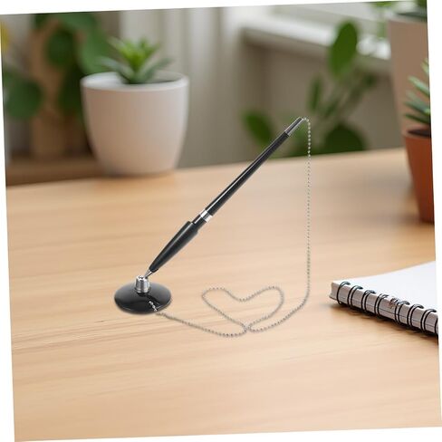 6pcs Black Ballpoint Counter Writing Pens with Chain and Strong Adhesive Base Holder for Desk Reception Bank Office Hospital Rotatable Secure Signature Pens in Saudi Arabia