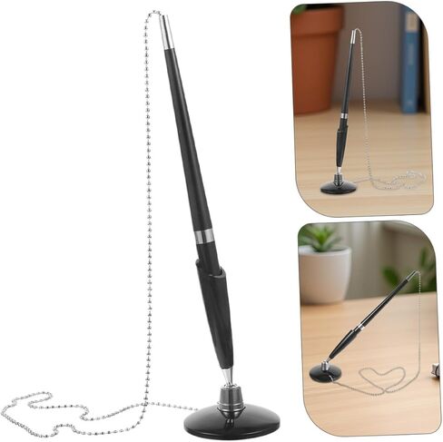 6pcs Black Ballpoint Counter Writing Pens with Chain and Strong Adhesive Base Holder for Desk Reception Bank Office Hospital Rotatable Secure Signature Pens in Saudi Arabia