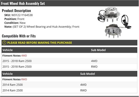 مجموعة محور محمل العجلة الأمامية مكونة من قطعتين - متوافقة مع 2014-2018 Ram 2500 4WD RWD in Saudi Arabia