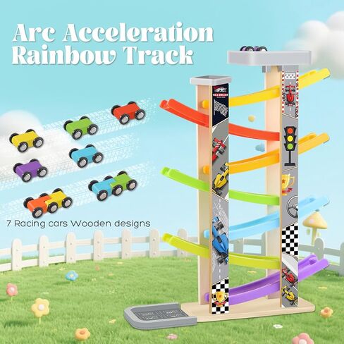 Wooden Car Ramp Toy Set, Montessori Ramp Set Includes 7 Mini Cars and Track — Educational Gift for Boys and Girls 3+ Years Old in Saudi Arabia