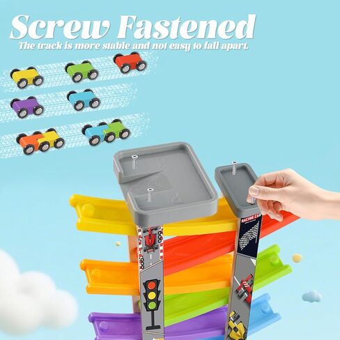 Wooden Car Ramp Toy Set, Montessori Ramp Set Includes 7 Mini Cars and Track — Educational Gift for Boys and Girls 3+ Years Old in Saudi Arabia