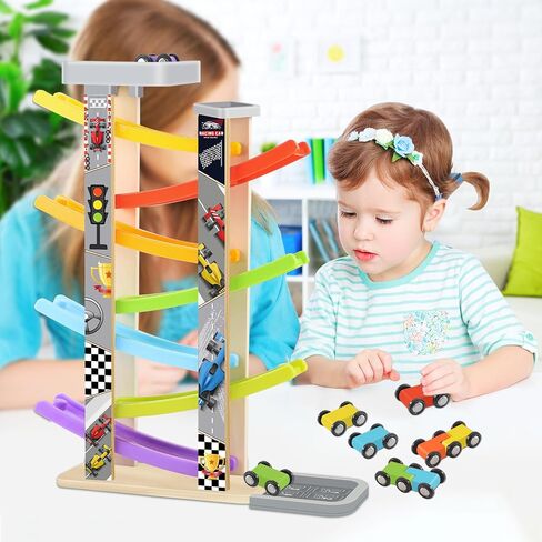 Wooden Car Ramp Toy Set, Montessori Ramp Set Includes 7 Mini Cars and Track — Educational Gift for Boys and Girls 3+ Years Old in Saudi Arabia