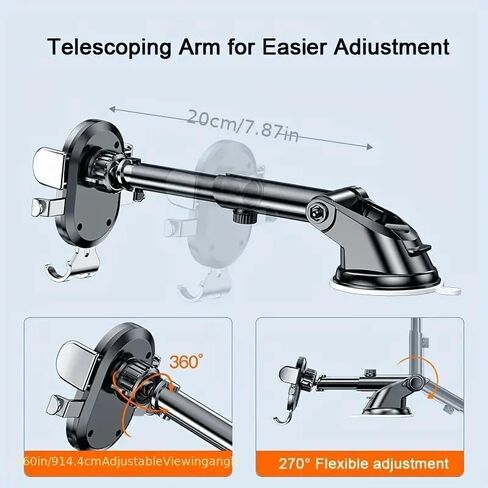 Heavy-Duty Suction Cup Car Phone Holder-360°Adjustable Dashboard & Windshield Mount with Extendable Arm for All Smartphones 4-8",Black. in Saudi Arabia