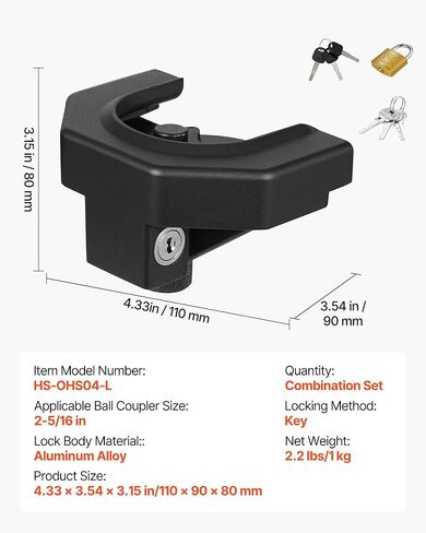 VEVOR Trailer Hitch Lock Kit, Compatible with 2-5/16 in Couplers, Heavy-Duty Anti-Theft Trailer Ball Lock with 3 Keys & Padlock, Prying-Resistant & Impact-Resistant, Fits for RVs, Boats, Trailers in Saudi Arabia