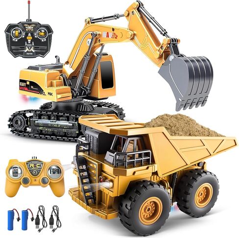 2 حزمة من مركبات البناء Rc، لعبة حفار بالتحكم عن بعد وشاحنة قلابة للأطفال مع أضواء وأصوات، مجموعة ألعاب شاحنة بناء RC Digger للأولاد 6 7 8 9 10+ هدية عيد ميلاد in Kuwait