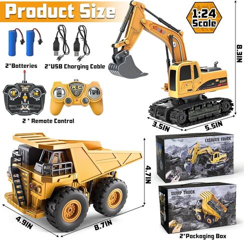 2 حزمة من مركبات البناء Rc، لعبة حفار بالتحكم عن بعد وشاحنة قلابة للأطفال مع أضواء وأصوات، مجموعة ألعاب شاحنة بناء RC Digger للأولاد 6 7 8 9 10+ هدية عيد ميلاد in Kuwait