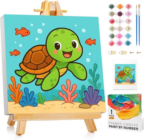 GEEHEIY Paint by Numbers Kit for Kids with Frame - Without Easel, Sea Turtle Paint by Number for Kids Ages 4-8-12, Acrylic Oil Painting for Home Wall Decor (8 x 8 inch) in Saudi Arabia