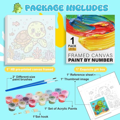 GEEHEIY Paint by Numbers Kit for Kids with Frame - Without Easel, Sea Turtle Paint by Number for Kids Ages 4-8-12, Acrylic Oil Painting for Home Wall Decor (8 x 8 inch) in Saudi Arabia