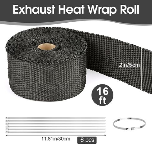 Exhaust Heat Wrap Roll, 2" x 16' Fiberglass Heat Shield Tape, Black Header Wrap with 6 pcs Stainless Ties for Motorcycle Car Truck Exhaust Pipes in Saudi Arabia