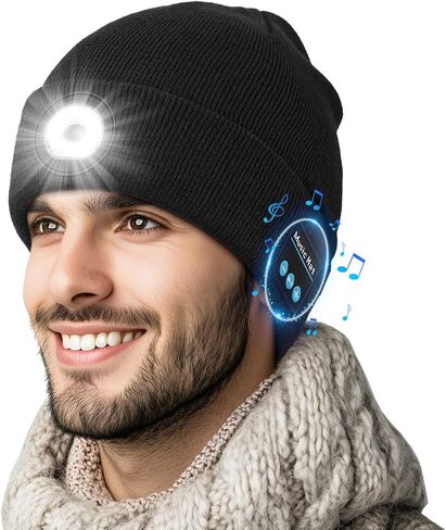 MUSIC قبعة صغيرة مضاءة (بلوتوث V5.4)، قبعة محبوكة مع أضواء LED مدمجة وميكروفون ومكبر صوت أسود in Saudi Arabia