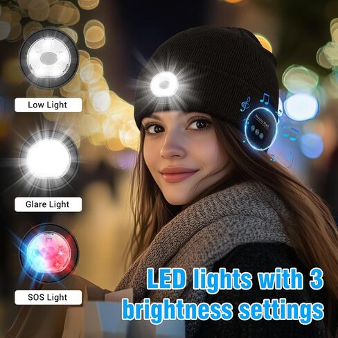 MUSIC قبعة صغيرة مضاءة (بلوتوث V5.4)، قبعة محبوكة مع أضواء LED مدمجة وميكروفون ومكبر صوت أسود in Saudi Arabia