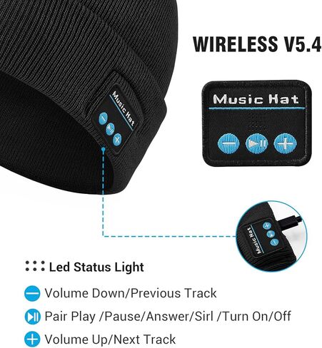 MUSIC قبعة صغيرة مضاءة (بلوتوث V5.4)، قبعة محبوكة مع أضواء LED مدمجة وميكروفون ومكبر صوت أسود in Saudi Arabia