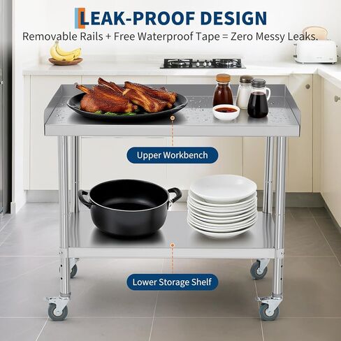 Stainless Steel Work Table with 4 Wheels, 36 * 24 * 30inch, 3-Sided Backsplash Food Prep Worktable, Stainless Steel Equipment Stand for Restaurant Home Hotel in Saudi Arabia