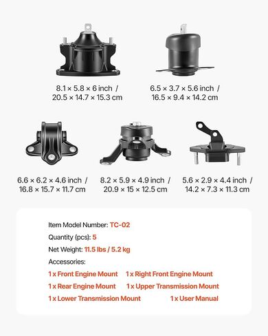 حامل محرك VEVOR، مجموعة من 5، متوافق مع 2008-2012 Honda Accord 2.4L L4 و2009-2013 Acura TSX 2.4L، استبدل OE# A4565 A4572 A4570 A4584 A4561 in Saudi Arabia