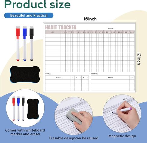 Maitys Habit Tracker for Fridge 12 x 16 Inch Magnetic Workout Tracker Journal Motivation Dry Erase Goal Habit Calendar for Whiteboard with 3 Marker Pens and 1 Eraser in Saudi Arabia