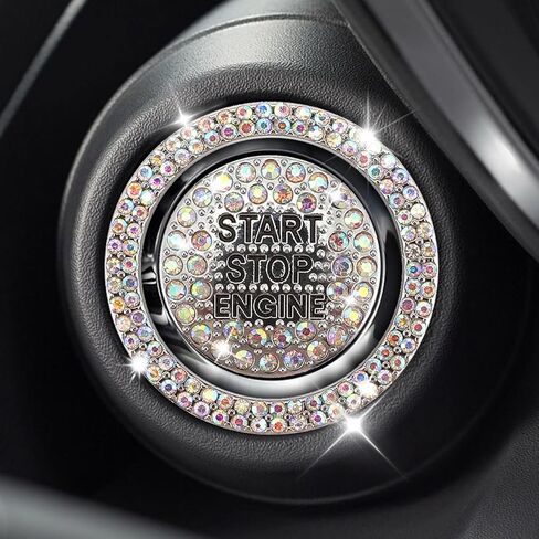 2PCS Rhinestone Push Start Button Cover Bling Car Accessories for Women, Sparkly Diamond Push to Starter Stop Button Decorative Cover, Key Ignition Knob Ring Crystal Emblem Sticker(Colorful) in Saudi Arabia