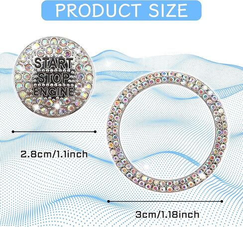 2PCS Rhinestone Push Start Button Cover Bling Car Accessories for Women, Sparkly Diamond Push to Starter Stop Button Decorative Cover, Key Ignition Knob Ring Crystal Emblem Sticker(Colorful) in Saudi Arabia