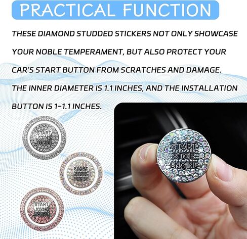 2PCS Rhinestone Push Start Button Cover Bling Car Accessories for Women, Sparkly Diamond Push to Starter Stop Button Decorative Cover, Key Ignition Knob Ring Crystal Emblem Sticker(Colorful) in Saudi Arabia