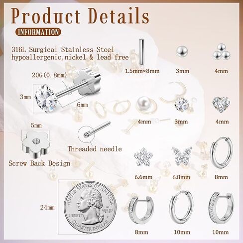 6 أزواج من الأقراط المسمار الخلفي الأسود للأذنين الحساسة، لا تسبب الحساسية الجراحية من الفولاذ المقاوم للصدأ قوس قزح 5A مكعب زركونيا أقراط جانبية ثقب الأزرار مجوهرات 6 مم تشيكوسلوفاكيا للنساء والرجال والفتيات in Kuwait