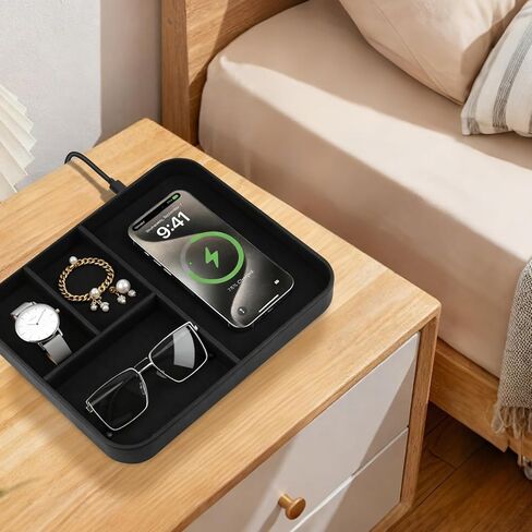 Gifts for Christmas Bedside Organiser-Faux Leather Valet Tray With Wireless Charger For Phone And Earbuds,Nightstand Organizer,Mens Jewelry Box,Office Desk Organizers in Saudi Arabia