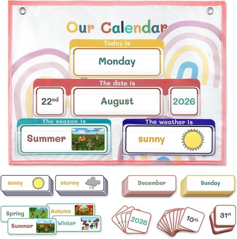 Calendar Pocket Chart with 70 Cards - Large 18.5"x14.5" Wall Calendar 2024-2028 with 2 Storage Pockets, Weather Chart Perfect for Preschool and Homeschool Learning (Rainbow) in Saudi Arabia
