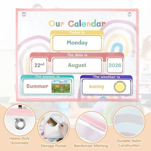 Calendar Pocket Chart with 70 Cards - Large 18.5"x14.5" Wall Calendar 2024-2028 with 2 Storage Pockets, Weather Chart Perfect for Preschool and Homeschool Learning (Rainbow) in Saudi Arabia