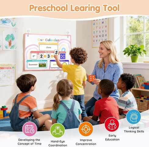 Calendar Pocket Chart with 70 Cards - Large 18.5"x14.5" Wall Calendar 2024-2028 with 2 Storage Pockets, Weather Chart Perfect for Preschool and Homeschool Learning (Rainbow) in Saudi Arabia