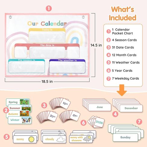 Calendar Pocket Chart with 70 Cards - Large 18.5"x14.5" Wall Calendar 2024-2028 with 2 Storage Pockets, Weather Chart Perfect for Preschool and Homeschool Learning (Rainbow) in Saudi Arabia