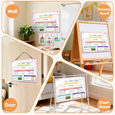 Calendar Pocket Chart with 70 Cards - Large 18.5"x14.5" Wall Calendar 2024-2028 with 2 Storage Pockets, Weather Chart Perfect for Preschool and Homeschool Learning (Rainbow) in Saudi Arabia