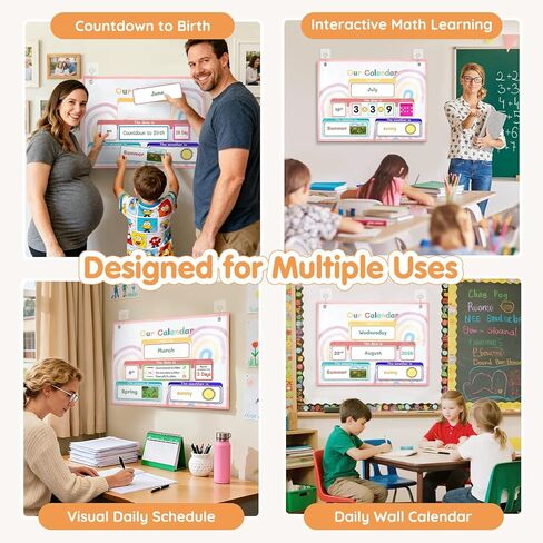 Calendar Pocket Chart with 70 Cards - Large 18.5"x14.5" Wall Calendar 2024-2028 with 2 Storage Pockets, Weather Chart Perfect for Preschool and Homeschool Learning (Rainbow) in Saudi Arabia