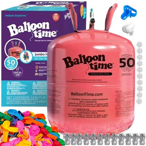 Helium Tank with 50 Balloons and White Ribbon + 12 Silver Balloon Weights + Plus Balloon Tying Tool and Flower Clips in Kuwait