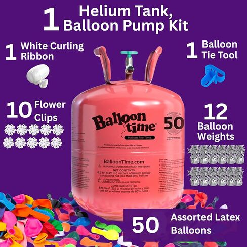 Helium Tank with 50 Balloons and White Ribbon + 12 Silver Balloon Weights + Plus Balloon Tying Tool and Flower Clips in Kuwait