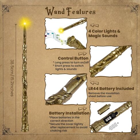KingVows Light Up Magic Wizard Wand with 4 Color Lights & Sound Illuminating Witch Sorcerer Toys for Kids Roleplay and Party Fun, Golden, 2 Pack in Saudi Arabia