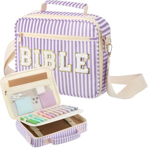 Bible Cover Case for Women Large Chenille Letter Stripe Church Bible Bag with Shoulder Strap for Women (Purple) in Saudi Arabia