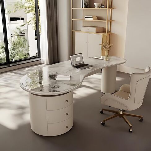 Curved Computer Desk - Office Desk with Storage, Glossy Stone Surface, Consultation Table Includes 3 Drawers, Leather-Wrapped Table Legs, for Salon/Home in Saudi Arabia