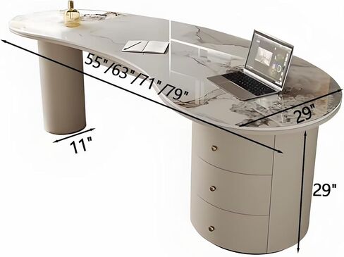 Curved Computer Desk - Office Desk with Storage, Glossy Stone Surface, Consultation Table Includes 3 Drawers, Leather-Wrapped Table Legs, for Salon/Home in Saudi Arabia