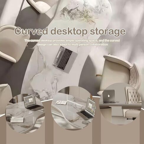 Curved Computer Desk - Office Desk with Storage, Glossy Stone Surface, Consultation Table Includes 3 Drawers, Leather-Wrapped Table Legs, for Salon/Home in Saudi Arabia