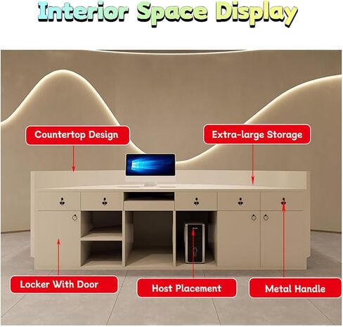 BK&MF Modern Curved Reception Desk 47-59Inch Front Counter Table White Front Counter Table with Storage and Lockable Drawer for Salon Lobby Shop,E,120x60x100cm(47x24x39inch) in Saudi Arabia